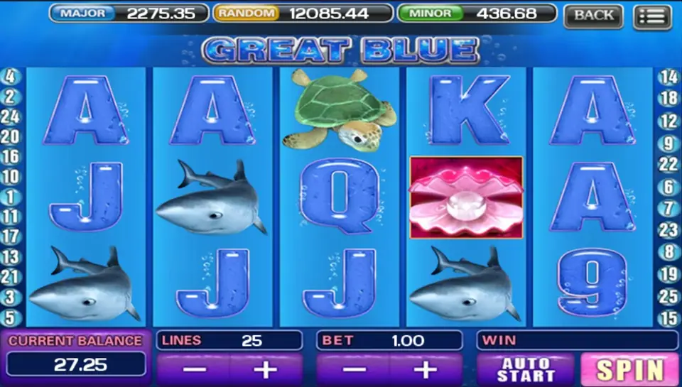 Great Blue on ACE333 with blue card letters, sharks, a turtle and a pearl shell on the reels, 25 lines at bet 1.00