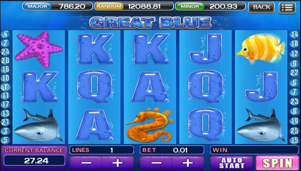 Starfish, yellow fish, seahorse and sharks among the card letters on a 1-line 0.01 spin