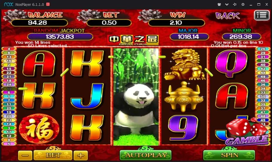 Stacked panda wild covering reel 3 during a 14-line win