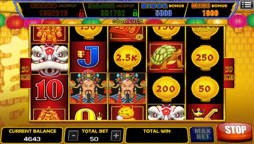 Five gold lanterns worth 150, 2.5K, 250, 200 and 50 spread over reels 2 to 5