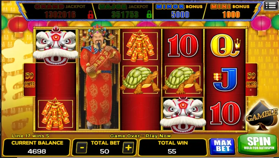 God of Fortune expanded to fill reel 2, with Line 17 wins 5 and a total win of 55