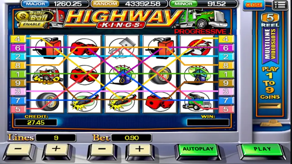 Highway Kings on ACE333 with all nine paylines drawn over fuel cans, dice, pistons and trucks, Lines 9 and Bet 0.90