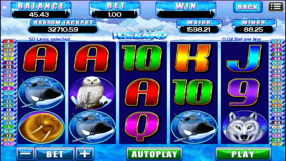 Iceland slot on ACE333 with orca, snowy owl, walrus and wolf symbols among card letters, balance 45.43 and bet 1.00
