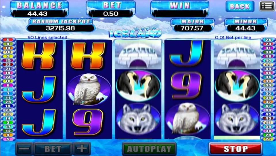 Two igloo scatters on reels 3 and 5 above penguins and wolves