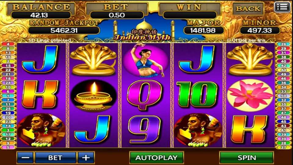 Indian Myth on ACE333 with a golden cobra, oil lamp, dancer, warrior and lotus among card letters on purple reels