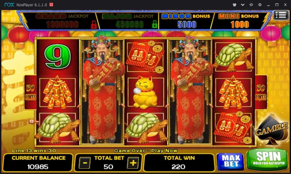 Lightning slot on ACE333 with two full-height God of Wealth figures on reels 2 and 4, turtles, firecrackers and a gold cat