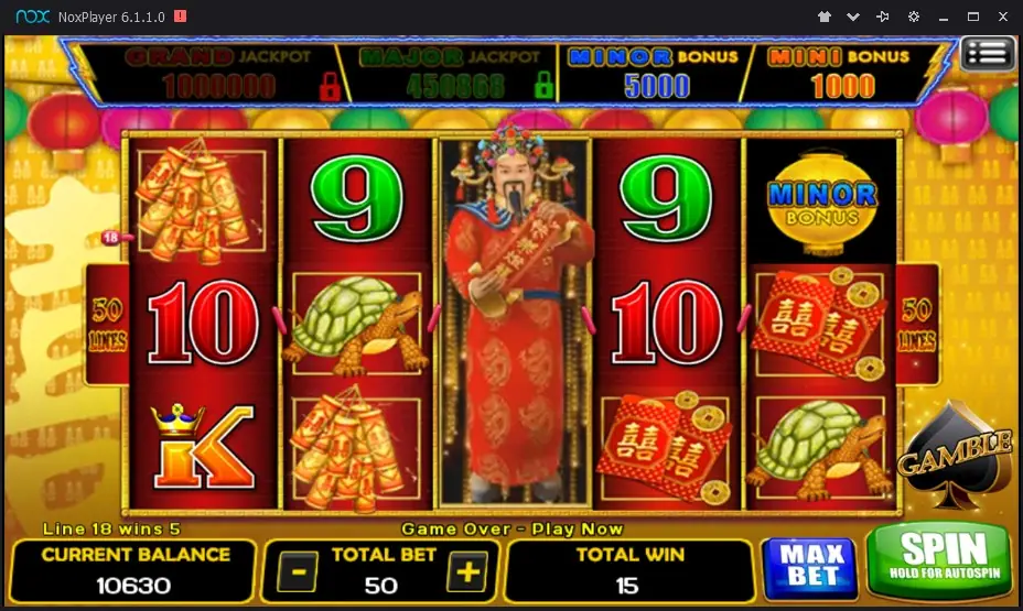 Firecrackers, a turtle and a MINOR BONUS coin on reel 5 with the God of Wealth on reel 3