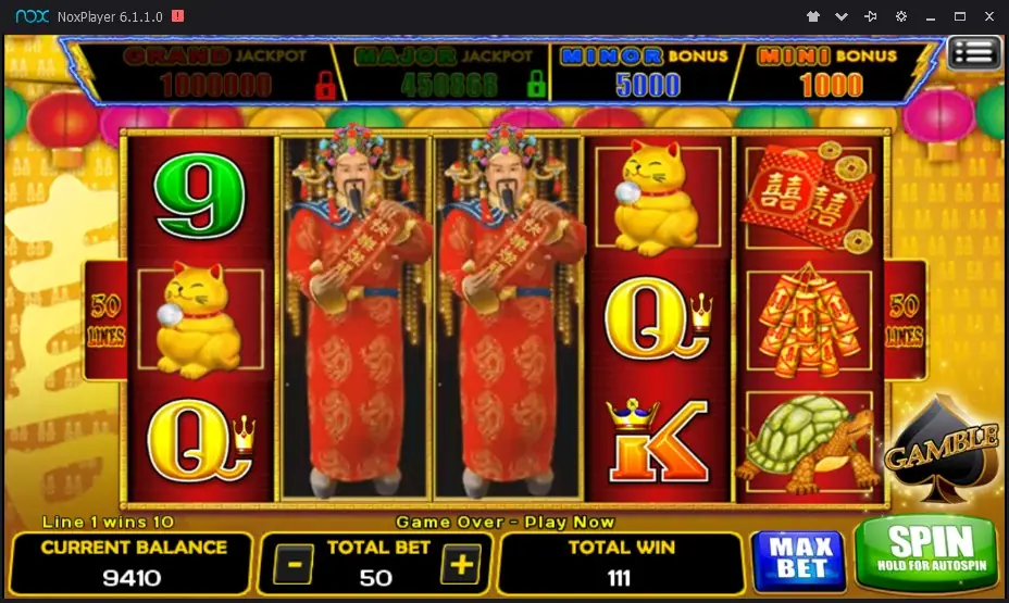 A 111 total win at 50 bet, with God of Wealth stacks on reels 2 and 3