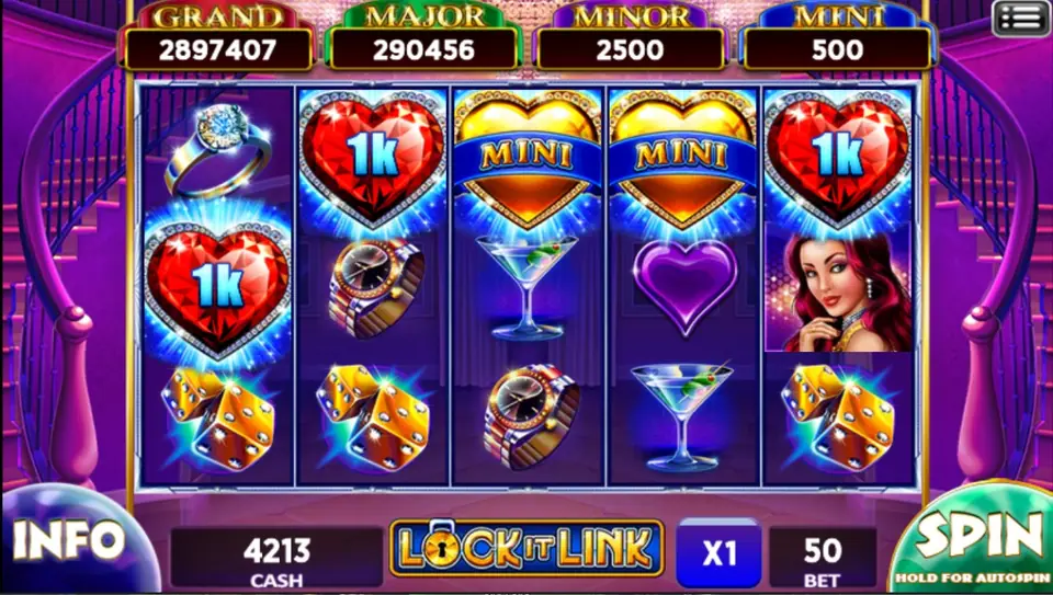 Lock It Link on ACE333 with red hearts showing 1k and two gold MINI hearts on the top row, above rings, watches and dice
