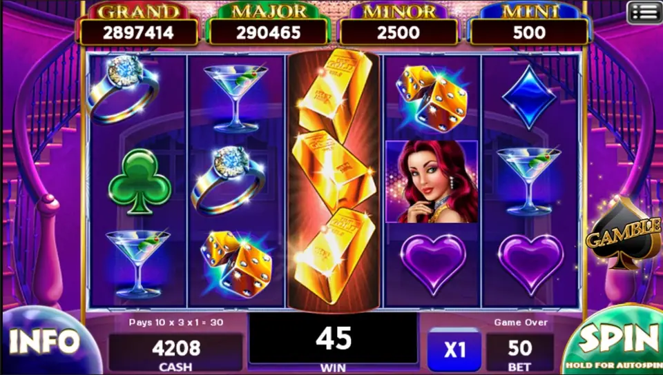 Gold bars stacked on reel 3 with WIN 45 and the GAMBLE spade at the right