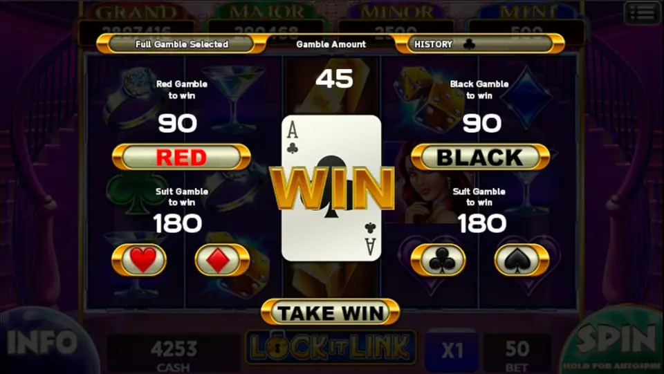 Gamble screen with RED and BLACK to win 90, suit buttons to win 180 and the ace of clubs