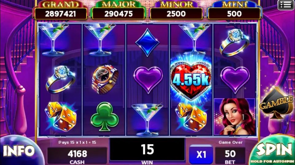 A lone red heart worth 4.55k on reel 4 during a 15 win
