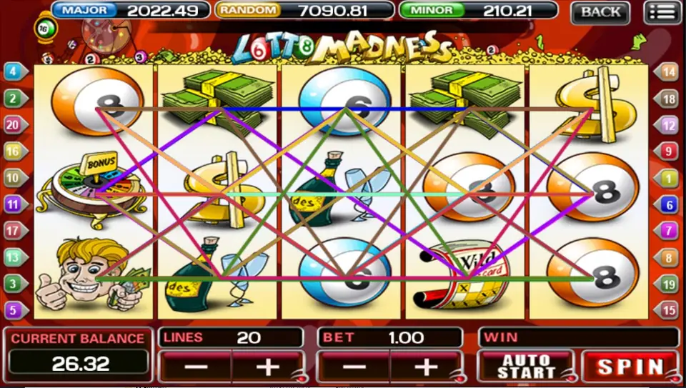 Lotto Madness on ACE333 with all 20 paylines drawn over lotto balls, cash stacks, a gold dollar sign and a bonus wheel tile on reel 1