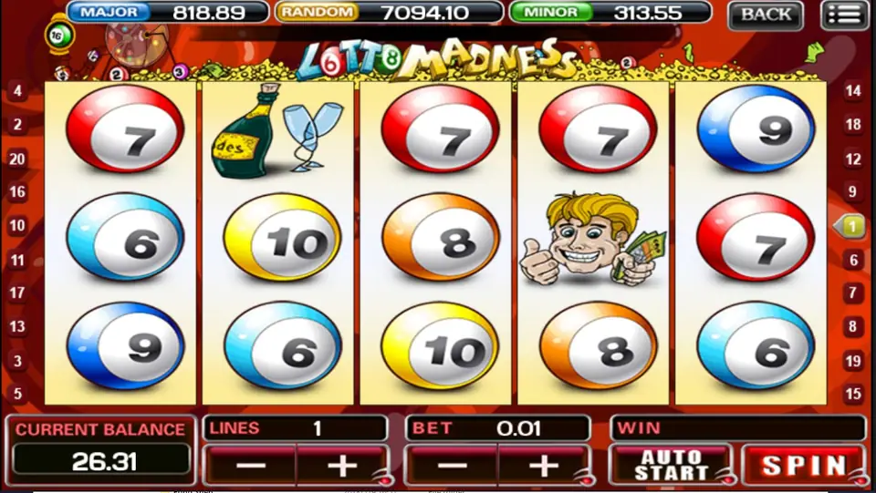 Lotto balls in five colours with a lucky winner on reel 4 and champagne on reel 2
