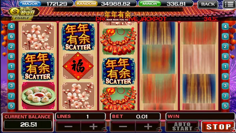 Nian Nian You Yu on ACE333 with three gold SCATTER tiles on reels 2 and 3, plum blossom and a fu diamond, reels 4 and 5 still spinning