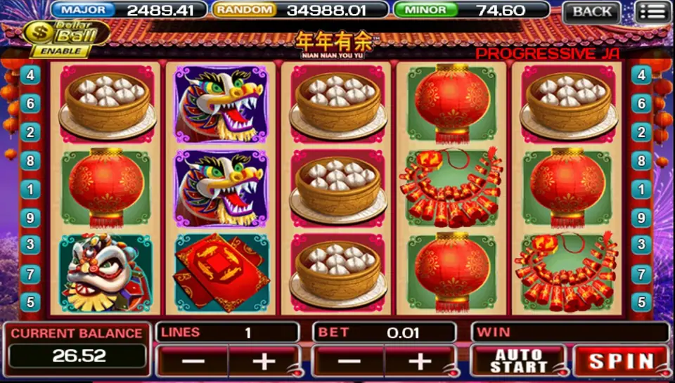 Steamed buns on reels 1, 3 and 5 with a purple dragon head stacked on reel 2