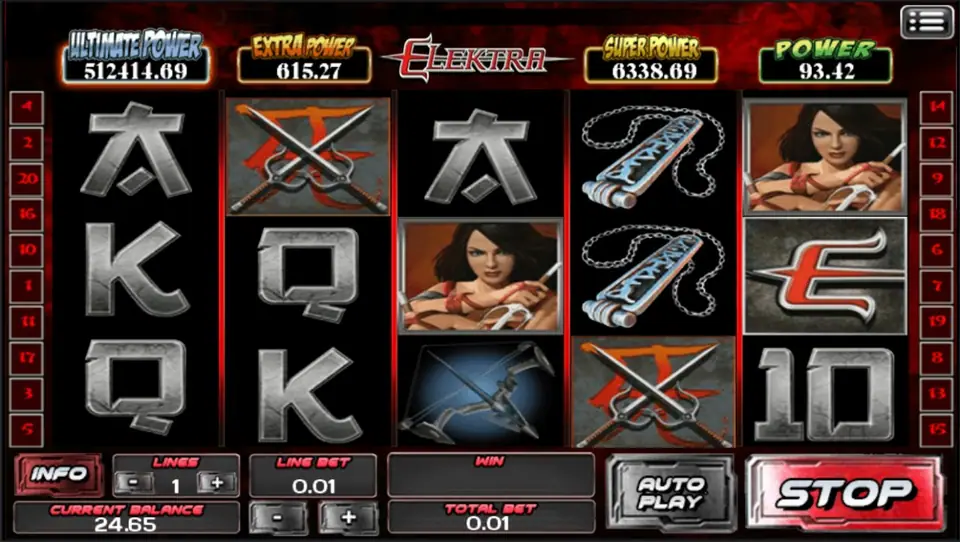 Elektra at 1 line and 0.01 with the character portrait on reel 3 and a chain weapon stack on reel 4