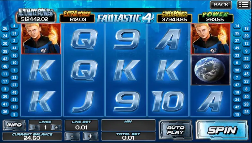 Earth tile on reel 5 with the Human Torch on reels 1 and 5