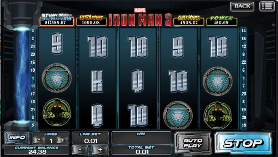Arc reactors on reels 1 and 5 with a hooded figure and metal card letters, SPIN showing STOP
