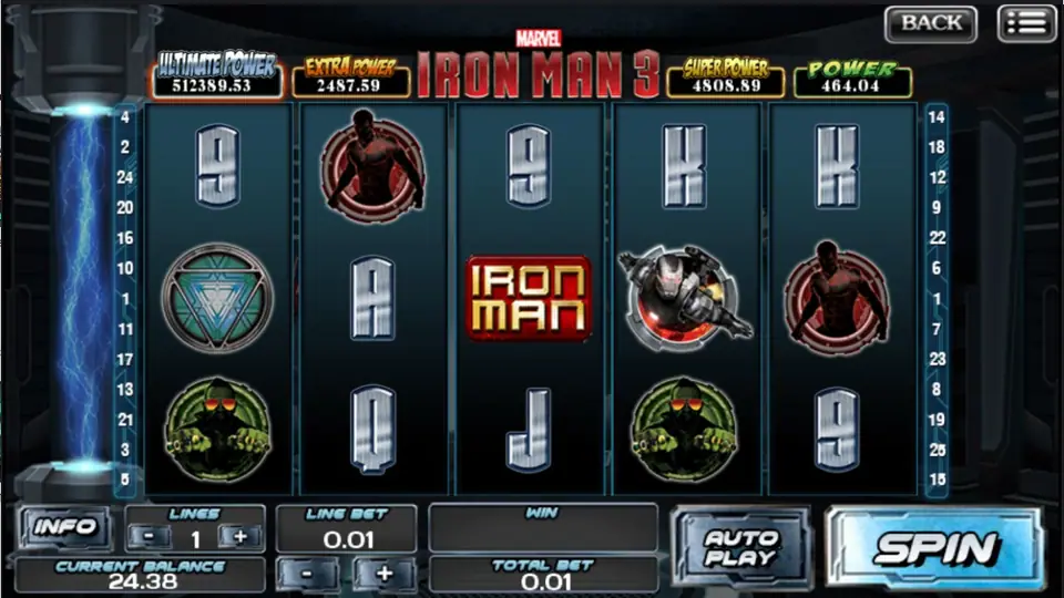 The IRON MAN tile on reel 3 among armour badges and card letters on a 1-line spin