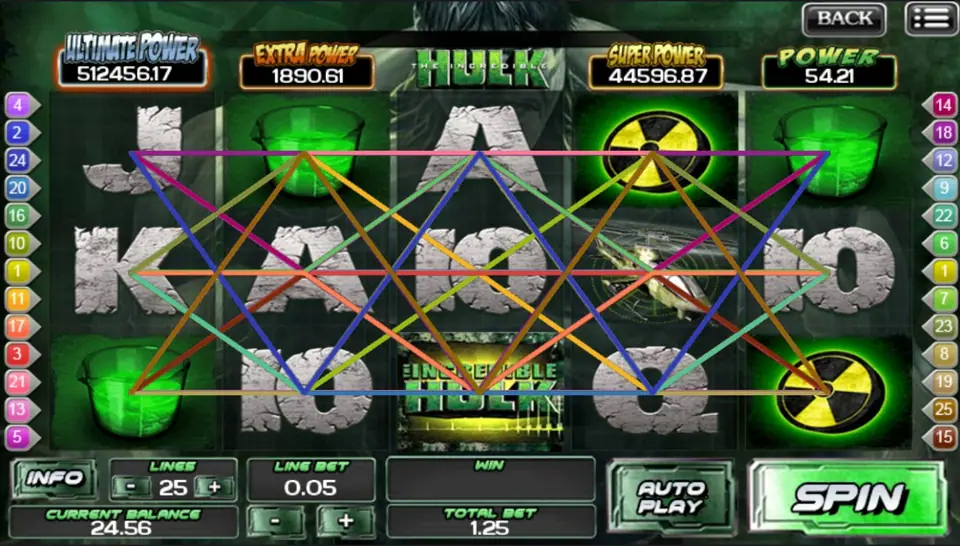 Hulk-themed slot on ACE333 with all 25 paylines drawn over stone letters, green canisters and radiation badges, Line Bet 0.05