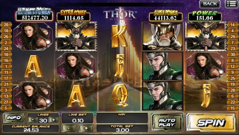Thor-themed slot on ACE333 with character portraits and gold card letters, Lines 30, Line Bet 0.10, Total Bet 3.00