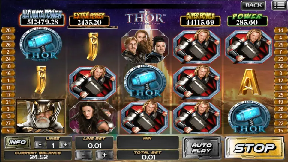 Hammer badges on reels 1, 3 and 5 among character portraits, the SPIN button showing STOP