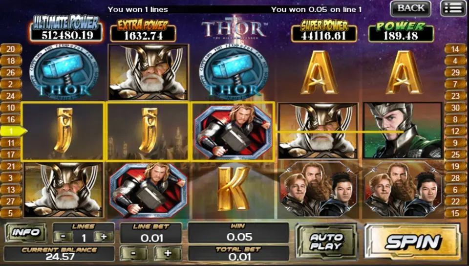 A 0.05 win on line 1 with two gold Js and the hero portrait outlined