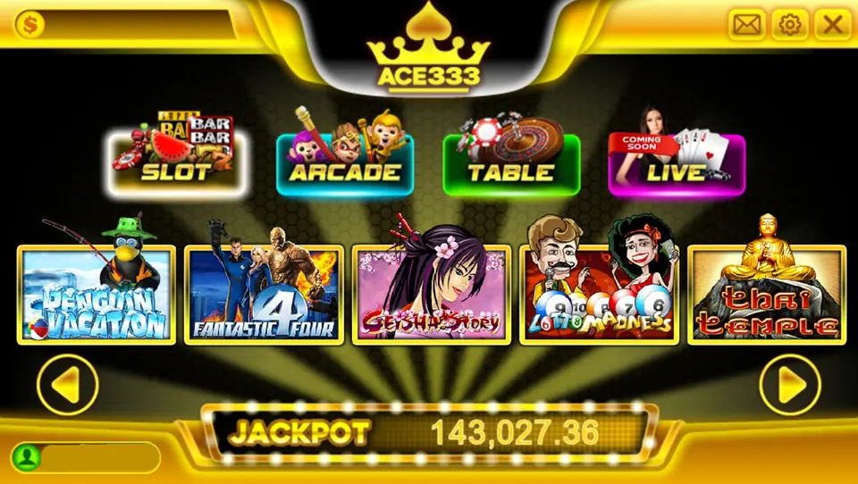 ACE333 lobby with SLOT, ARCADE, TABLE and LIVE tabs, a row of game tiles and a JACKPOT counter of 143,027.36