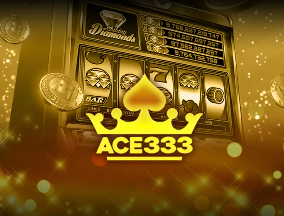 ACE333 gold crown and spade logo in front of a gold slot cabinet with Shining Diamonds jackpot figures