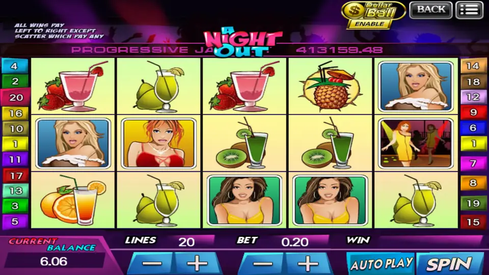 A Night Out slot on 918Kiss with cocktail glasses and party guest portraits on five reels, 20 line numbers on both sides and a 6.06 balance