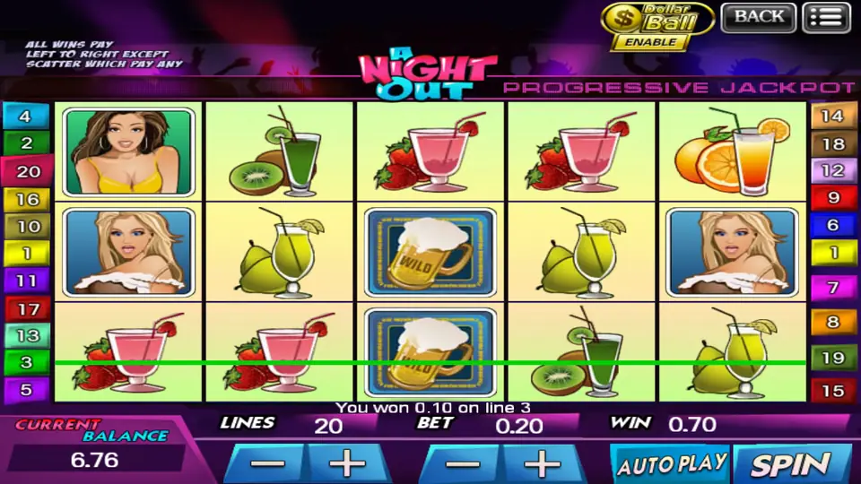 A Night Out reels with a green line 3 win using the beer mug wild in the middle row