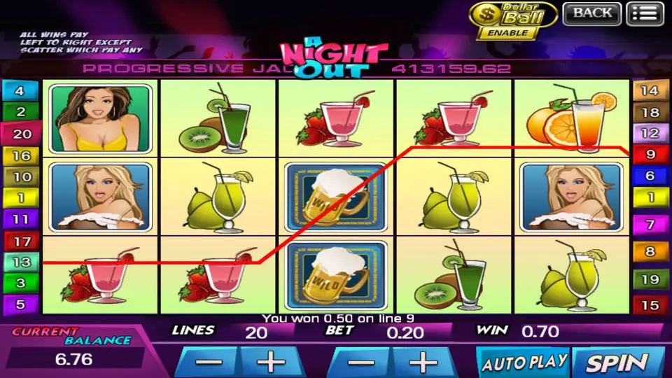 Red line 9 win on A Night Out with two beer mug wilds on reel three