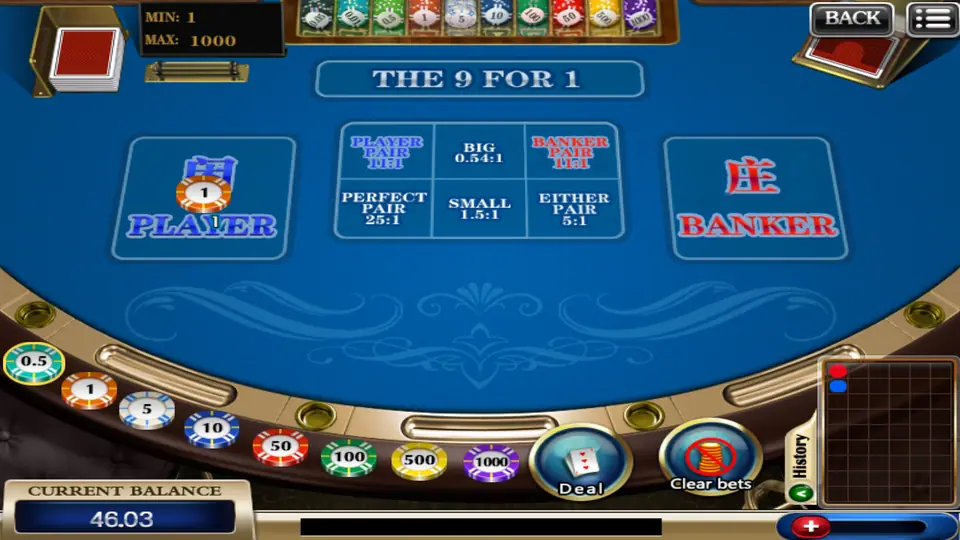 One chip placed on the Player box with Deal and Clear bets buttons showing