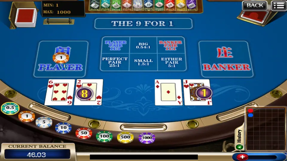 Player shows 6 and 2 for a total of 8, Banker shows ace and jack for 1