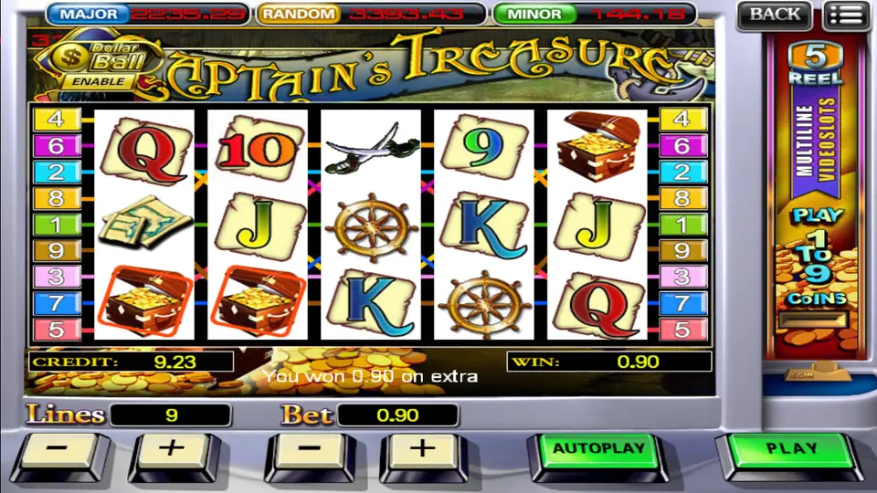 Captain's Treasure reels showing three treasure chests and a 0.90 extra win