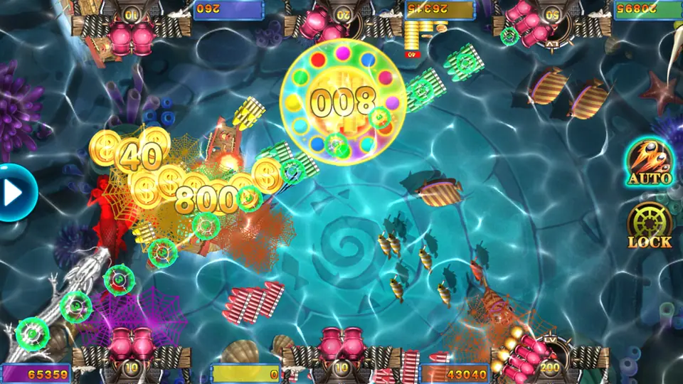Six cannons firing nets into the pool, with an 800 coin payout and a gold wheel