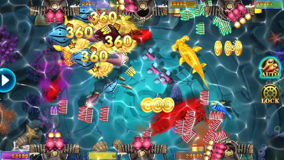Several 360 coin payouts at once as a school of fish is caught