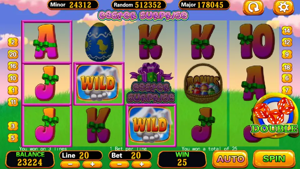 Easter Surprise win across three lines using two WILD tiles, with the DOUBLE dice button