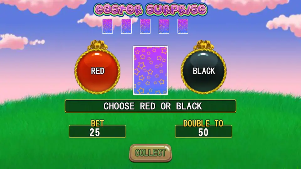 Double screen with RED and BLACK buttons, a face-down card, Bet 25 and Double to 50