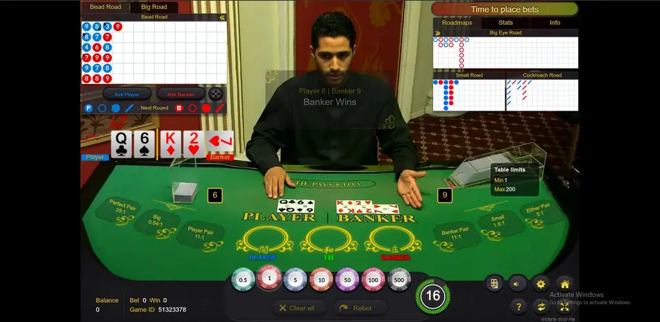 Status bar reading Time to place bets, with the result overlay Player 6, Banker 9, Banker Wins