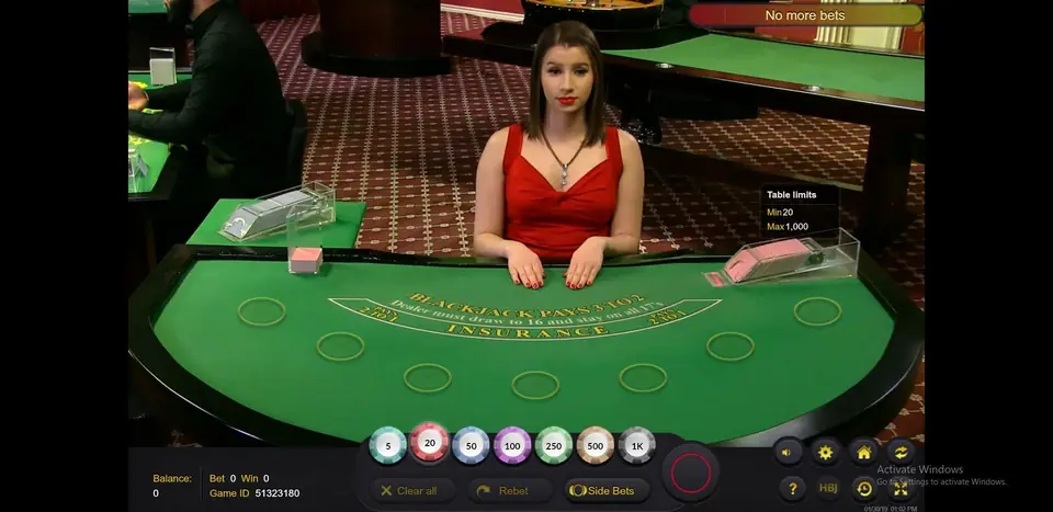 Green-felt seated table with limits Min 20 Max 1,000 and chips up to 1K