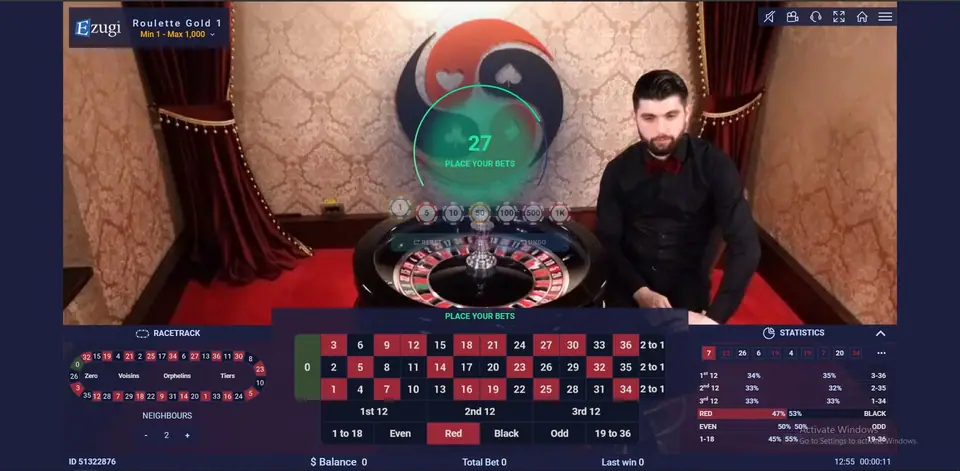 Roulette Gold 1 with the countdown at 27 and PLACE YOUR BETS over the wheel