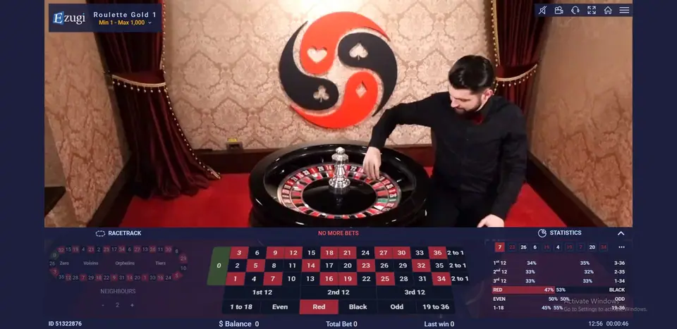 Ezugi Roulette Gold 1 with a dealer spinning the wheel, a wide betting grid below and a statistics panel on the right