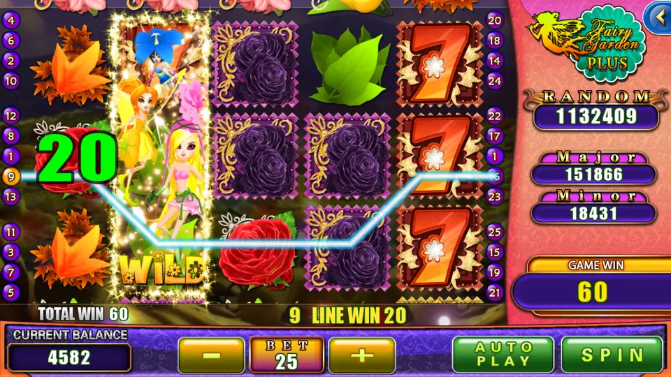 Fairy wild on reel two completing a line 9 win of 20 with the total at 60