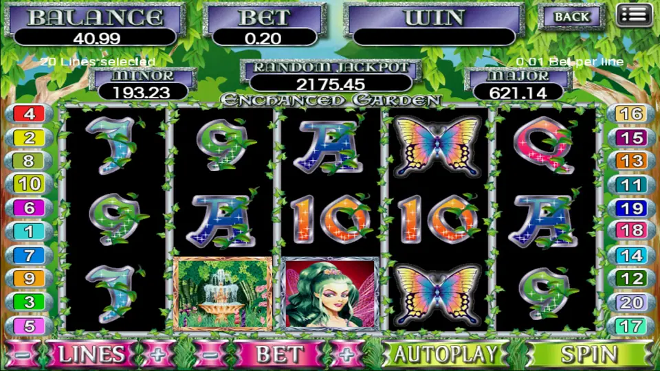Enchanted Garden with bet at 0.20 and the 0.01 bet per line note