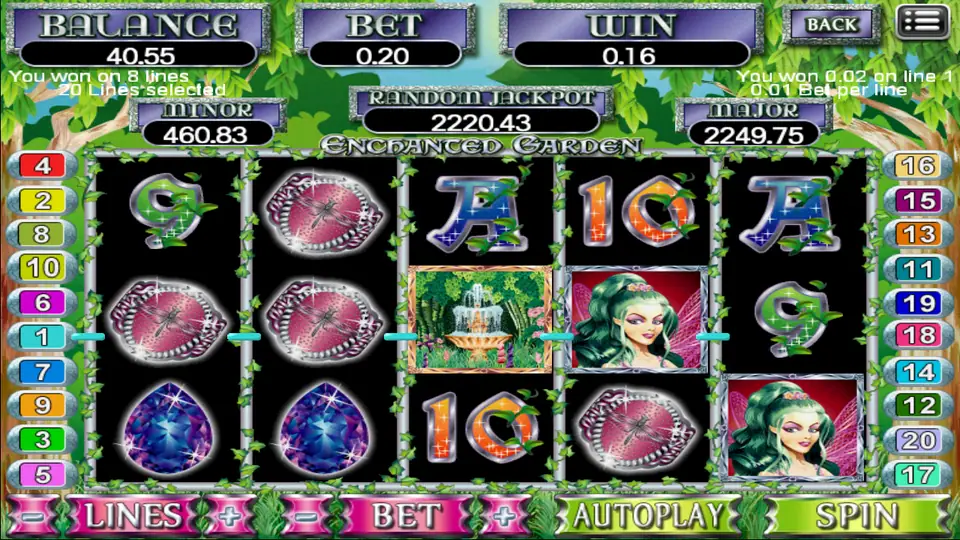 Win on 8 lines with gems, the fountain and the fairy on line 1