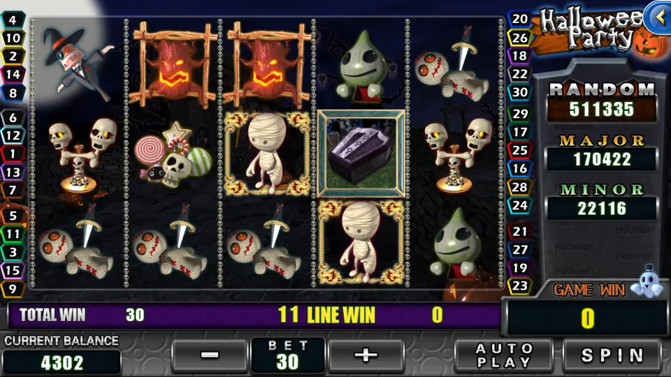 Halloween Party reels with 11 LINE WIN 0 and TOTAL WIN 30 in the bar