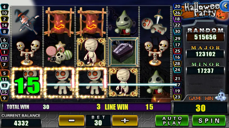 Three voodoo dolls on line 3 paying 15, with the line drawn in blue