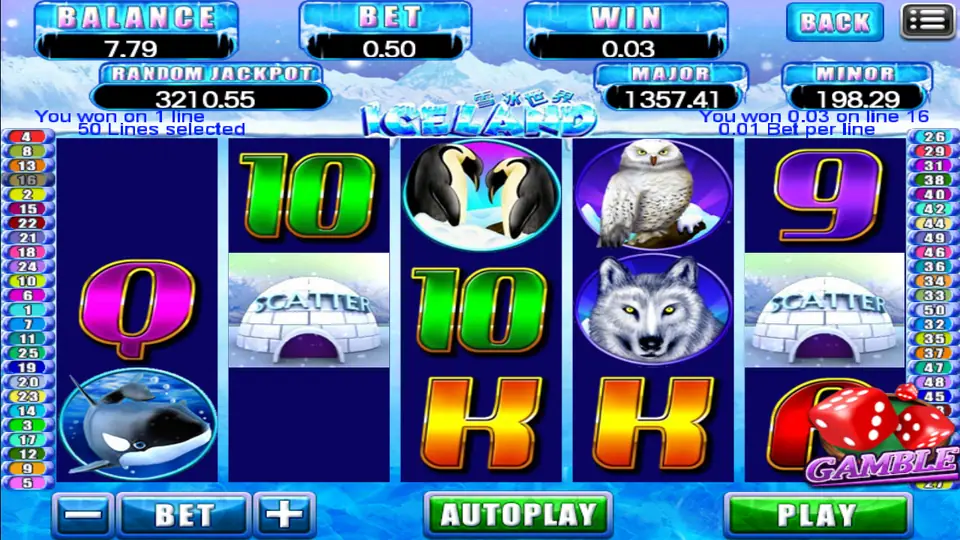 Iceland reels with two igloo scatters, a line 16 win of 0.03 and the red GAMBLE dice